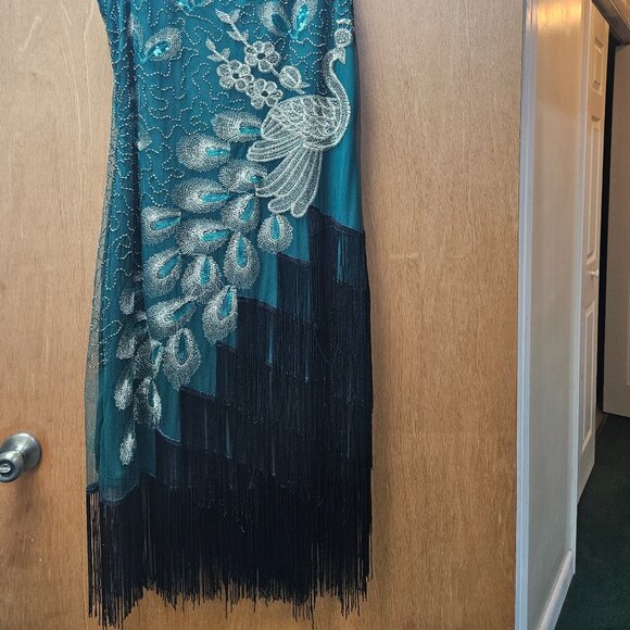Green beaded Flapper Dress peacock black fringe - Picture 3 of 6
